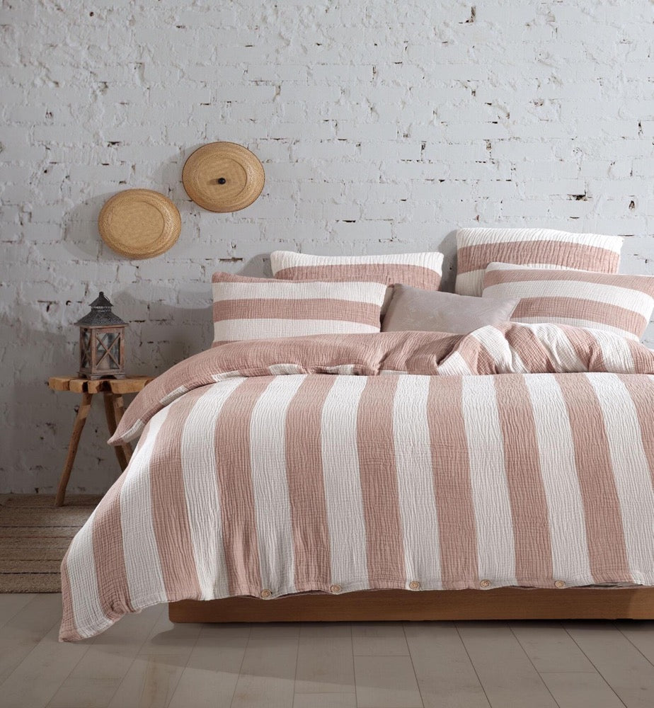 Organic Striped Muslin Duvet Cover Set: 4-Layer Cotton Bedding
